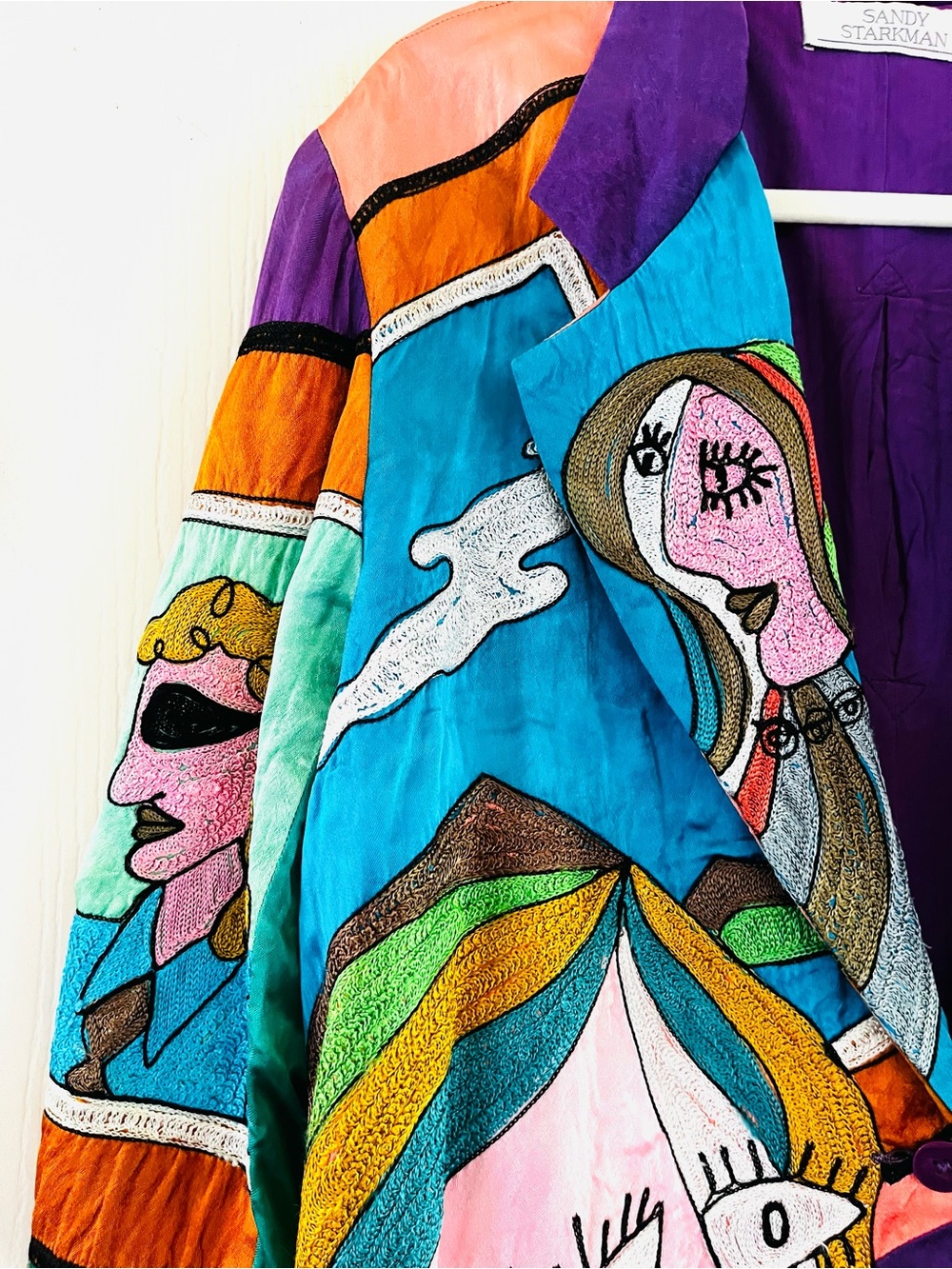 VTG Sandy Starkman Wearable Art Silk Picasso Inspired Boho Maximalism Jacket M - Picture 9 of 12